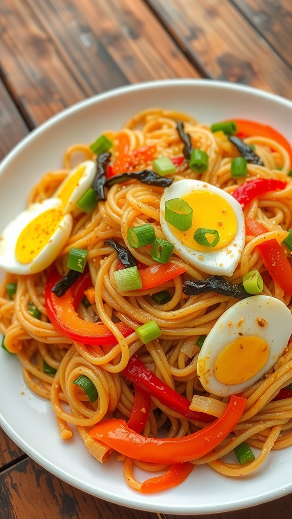 Stir-fried noodles with egg and vegetables, garnished with green onions on a wooden table.